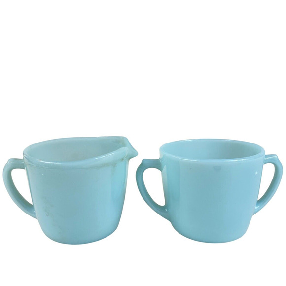 Vintage Delphite Fire King Creamer & Sugar Set Turquoise Blue Milk Glass NICE - Picture 9 of 9